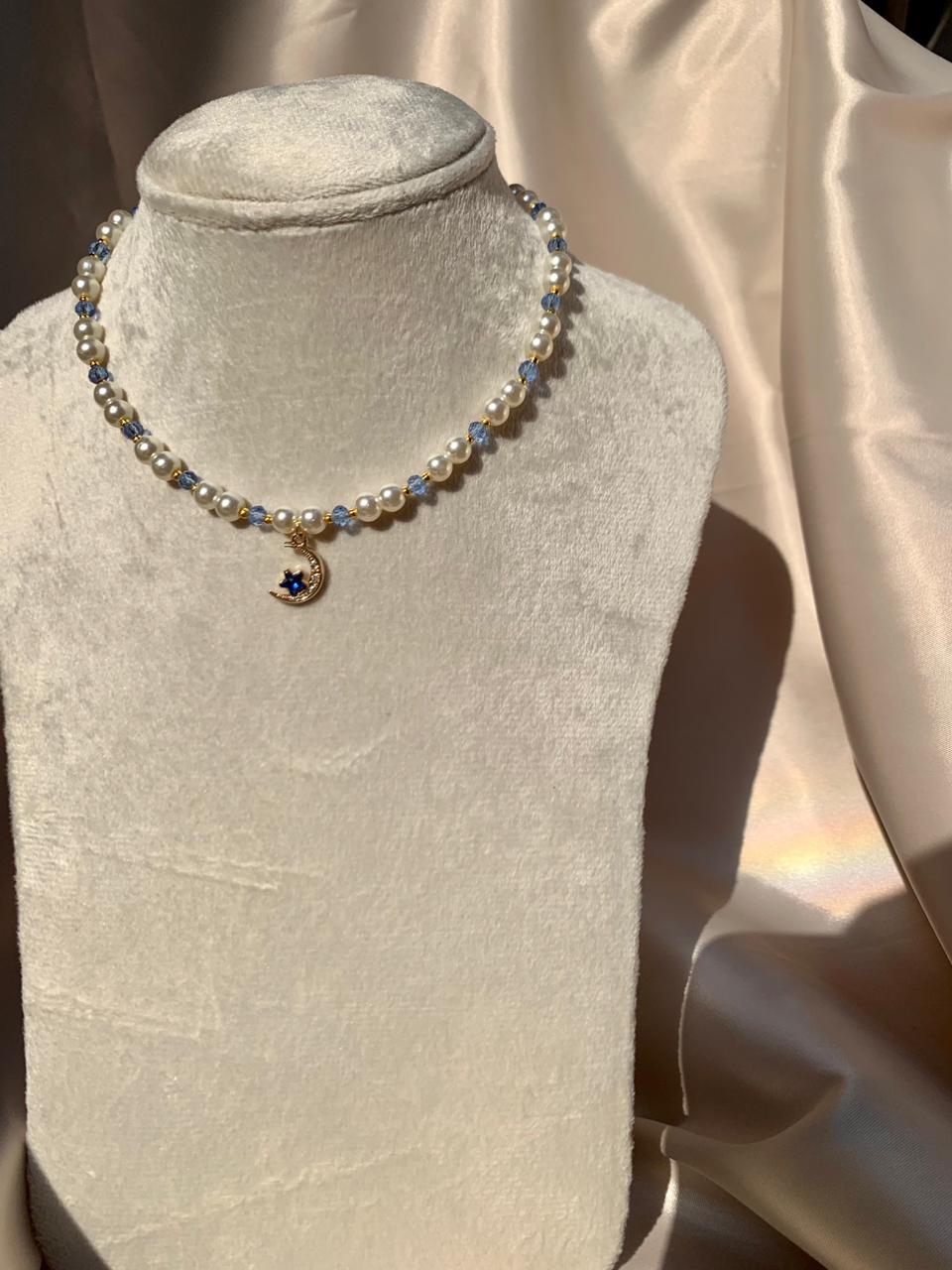 Moon & Blue Star Beaded Necklace
