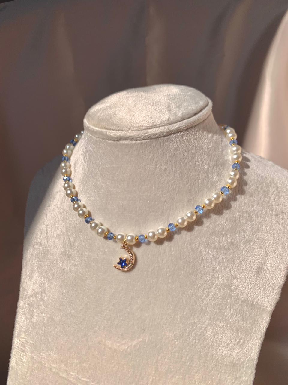 Moon & Blue Star Beaded Necklace